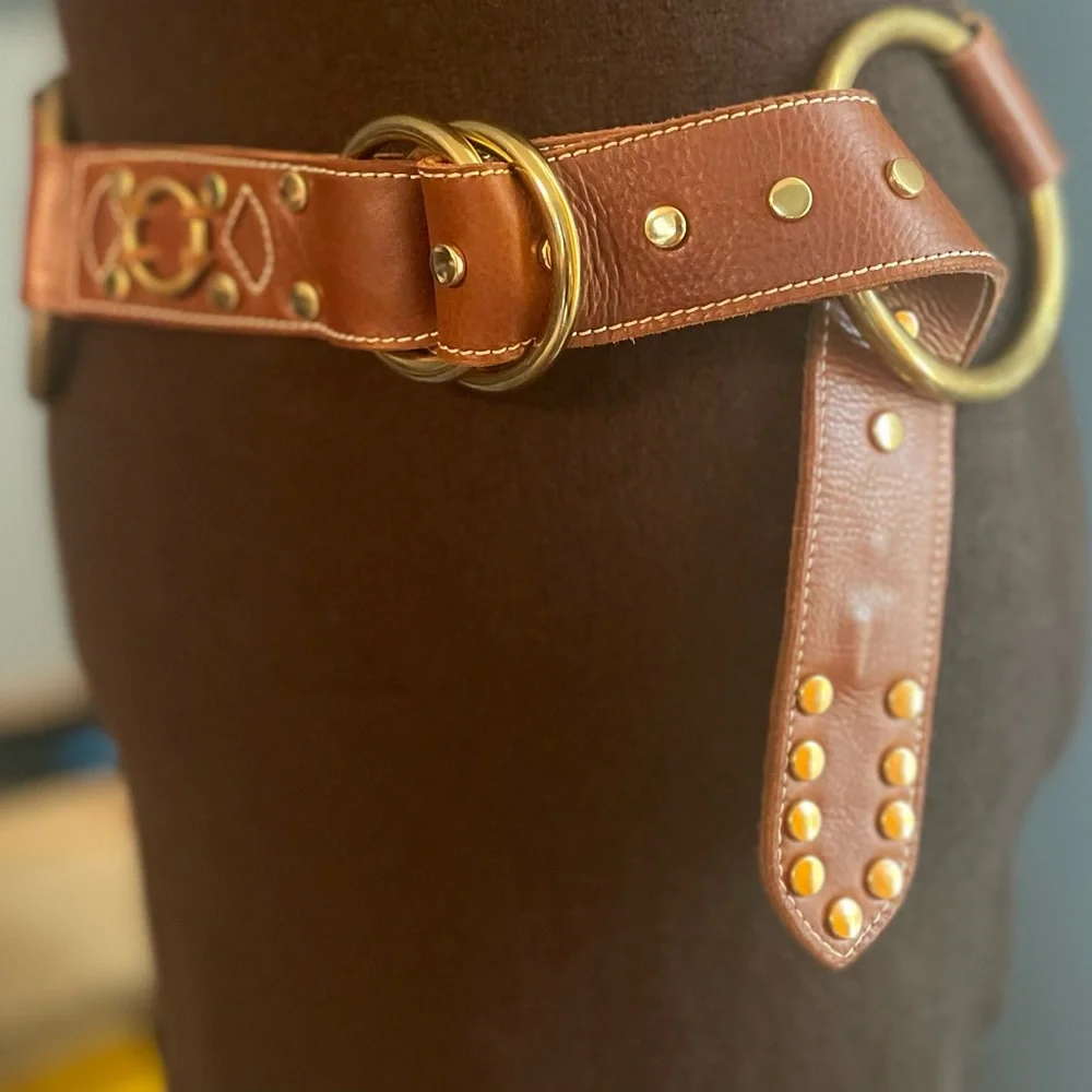 Coco Bianco Brown Leather Gold-Accent Ring Belt